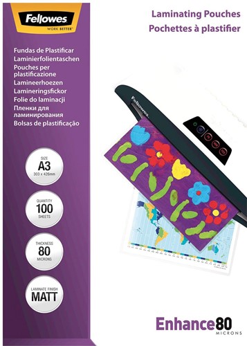 Fellowes pochette à plastifier Enhance80 ft A3, 160 microns (2 x 80 microns), paquet de 100 pièces, mate
