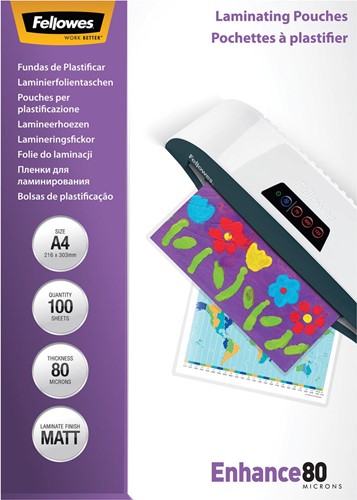 Fellowes pochette à plastifier Enhance80 ft A4, 160 microns (2 x 80 microns), paquet de 100 pièces, mate 100 Stuk