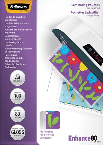 Fellowes pochette à plastifier Enhance80 pré perforeés ft 228 x 303 mm, 160 micron (2 x 80 microns), 100