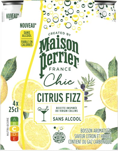 Maison Perrier mocktail Citrus Fizz, citron et herbes, cannette de 25 cl, paquet de 4 pièces