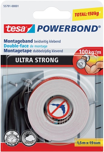 Tesa ruban adhésif Powerbond Ultra Strong, double face, ft 19 mm x 1,5 m, blanc, sous blister 1 Stuk