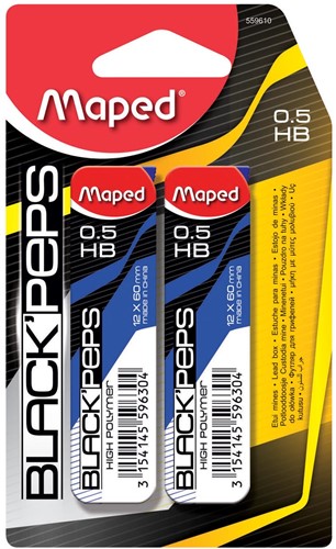 Maped Black'peps potloodstiften, 0,5 mm, HB, blister van 2 etuis van 12 stuks