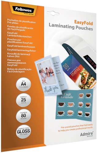 Fellowes pochette à plastifier Admire Easyfold ft A4, 160 microns (2 x 80 microns), paquet de 25 pièces 25 Stuk