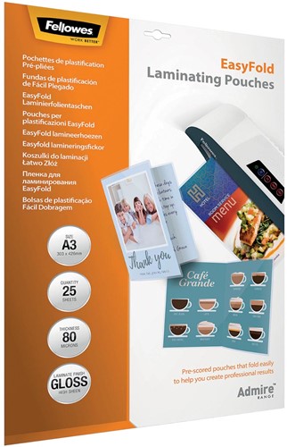 Fellowes pochette à plastifier Admire Easyfold Enhance80 A3,160microns(2x80 microns),paquet de 25 pièces 25 Stuk