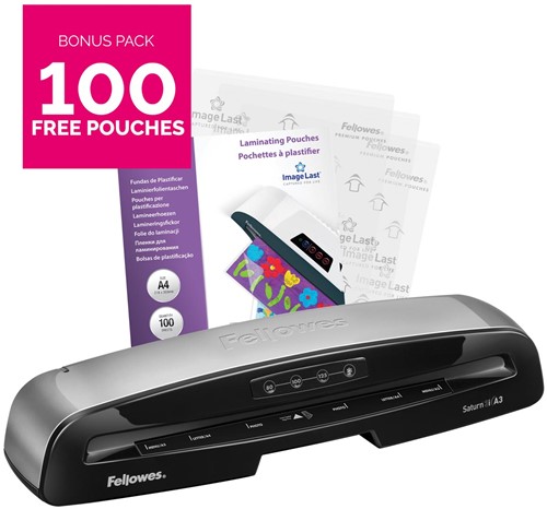 Fellowes machine à plastifier Saturn pour ft A3 + Bonus Pack de 100 pochettes (ft A4, 80 microns) 1 Stuk