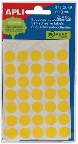 Apli étiquettes rondes en pochette diamètre 13 mm, jaune, 175 pièces, 35 par feuille (2055)
