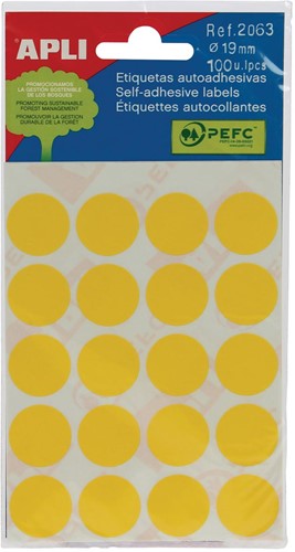Apli étiquettes rondes en pochette diamètre 19 mm, jaune, 100 pièces, 20 par feuille (2063)