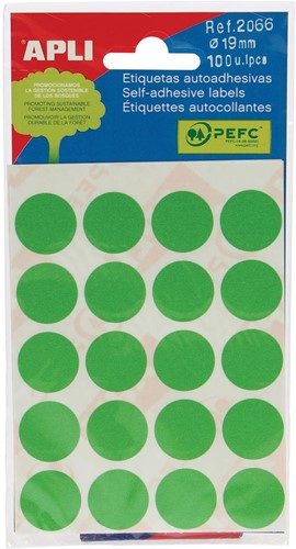Apli étiquettes rondes en pochette diamètre 19 mm, vert, 100 pièces, 20 par feuille (2066)