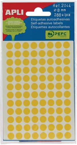 Apli étiquettes rondes en pochette diamètre 8 mm, jaune, 288 pièces, 96 par feuille (2044)