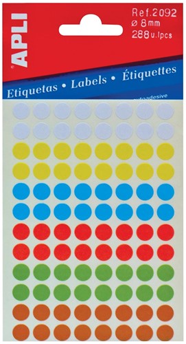 Apli étiquettes rondes en pochette diamètre 8 mm, couleurs assorties, 288 pièces, 96 par feuille (2092)