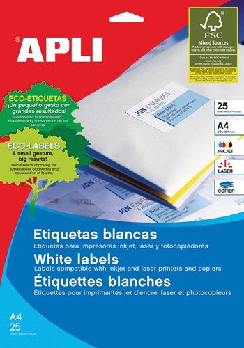 Apli étiquettes blanches ft 210 x 297 mm (l x h), coins droits, 25 pièces, 1 par feuille (1215)