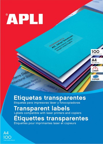 Apli étiquettes transparentes ft 210 x 297 mm (l x h), 20 pièces, 1 par feuille, boîte de 20 feuilles