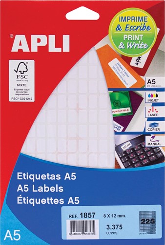 Apli étiquettes blanches Print & Write ft 8 x 12 mm (l x h), 3.375 pièces, 225 par feuille (1857)
