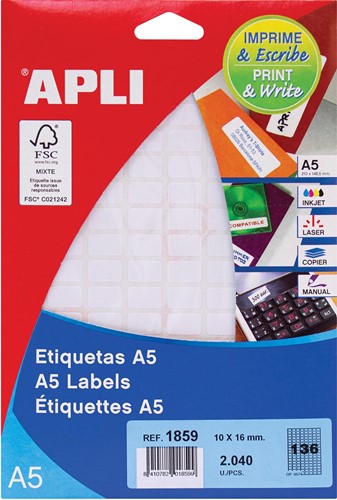 Apli étiquettes blanches Print & Write ft 10 x 16 mm (l x h), 2.040 pièces, 136 par feuille (1859)