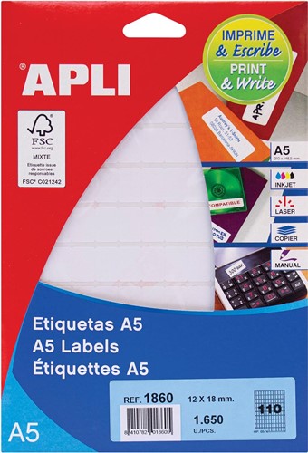 Apli étiquettes blanches Print & Write ft 12 x 18 mm (l x h), 1.650 pièces, 110 par feuille (1860)
