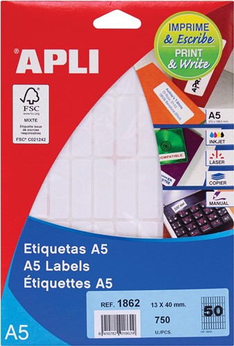 Apli étiquettes blanches Print & Write ft 13 x 40 mm (l x h), 750 pièces, 50 par feuille (1862)