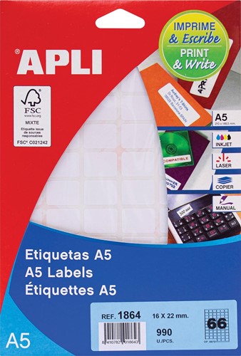 Apli étiquettes blanches Print & Write ft 16 x 22 mm (l x h), 990 pièces, 66 par feuille (1864)