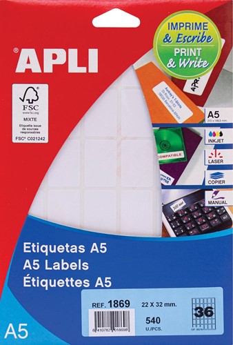 Apli étiquettes blanches Print & Write ft 22 x 32 mm (l x h), 540 pièces, 36 par feuille (1869)