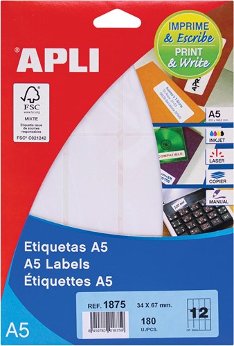 Apli witte etiketten Print & Write ft 34 x 67 mm (b x h), 180 stuks, 12 per blad (1875)