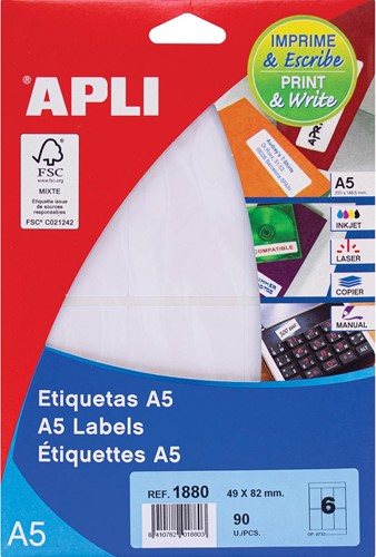Apli witte etiketten Print & Write ft 49 x 82 mm (b x h), 90 stuks, 6 per blad (1880)
