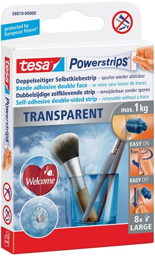 Tesa Powerstrips Transparent, charge maximum de 1 kg, transparent, blister de 8 pièces