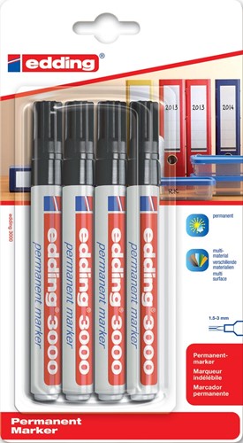 Edding marqueur permanent, 3000, noir, blister 4 pièces 4 Stuk