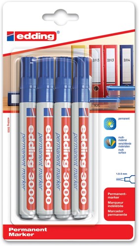 Edding marqueur permanent 3000, bleu, blister de 4 pièces 4 Stuk