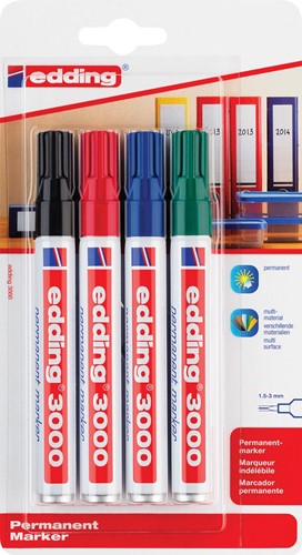 Edding permanent marker 3000, blister van 4 stuks in geassorteerde kleuren 4 Stuk