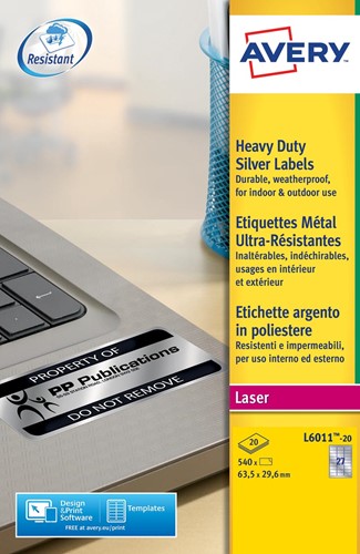 Avery L6011-20 étiquettes ultra résistantes ft 63,5 x 29,6 mm (b x h), 540 étiquettes, argent 20 Vel