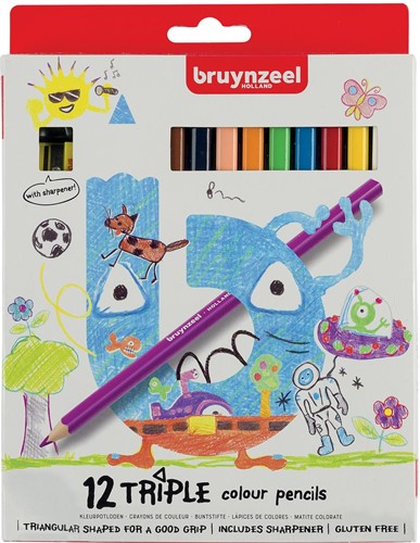 Bruynzeel Kids kleurpotloden Triple, blister van 12 geassorteerde kleuren