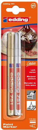 Edding glanslakmarker e-751, blister van 2 stuks, goud en zilver