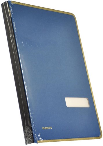 Class'ex handtekenmap, linnen omslag, met metalen beschermrand, blauw