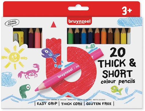 Bruynzeel Kids crayons de couleur courts et épais, set de 20 pièces en couleurs assorties