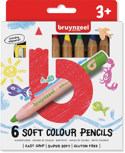 Bruynzeel Kids crayons de couleur douces, set de 6 pièces en couleurs assorties