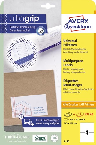 Avery Zweckform 6120, étiquettes universelles, Ultragrip, blanc, 25+5 feuilles,  105 x 148 mm