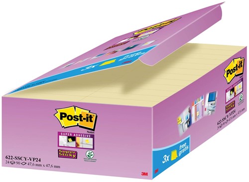 Post-it Super Sticky notes, 90 vel, ft 47,6 x 47,6 mm, geel, pak van 21 + 3 GRATIS