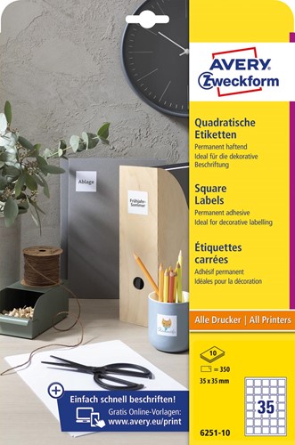 Avery Zweckform étiquettes carrées, 35 x 35 mm, blanc, adhésif permanent, 350 étiquettes, 10 feuilles