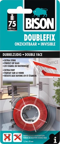 Bison ruban adhésif double face, ft 19 mm x 1,5 m, transparant