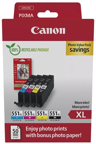 Canon photo value pack CLI-551XL, 660 pages, OEM 6443B008, 4 couleurs