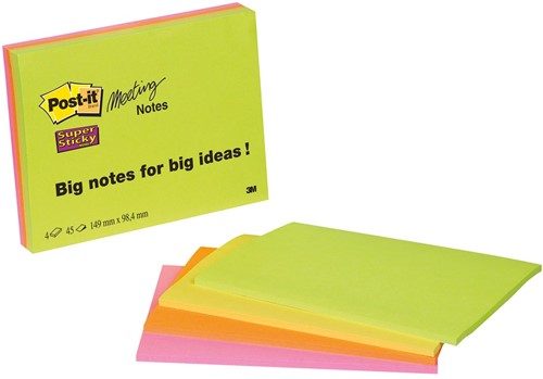 Post-It Super Sticky Meeting notes, 45 feuilles, ft 101 x 152 mm, couleurs assorties, paquet de 4 blocs