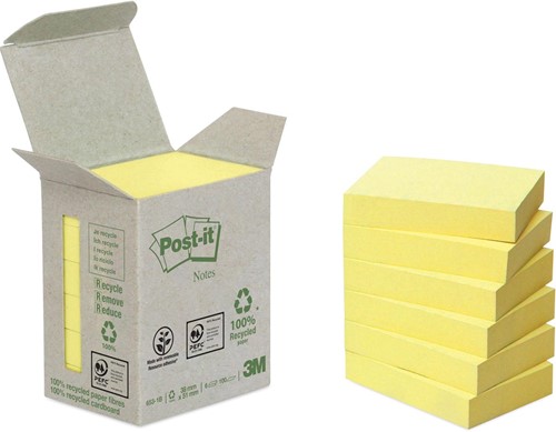 Post-it Recycled notes, 100 vel, 38 x 51 mm, geel, pak 6 blokken 6 Stuk