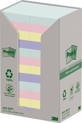 Post-it recycled notes Nature, 100 vel, ft 38 x 51 mm, pak van 24 blokken, geassorteerde kleuren