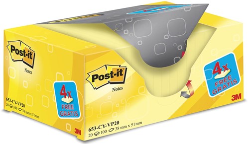Post-it Notes, ft 38 x 51 mm, geel, blok van 100 vel, pak van 16 + 4 gratis