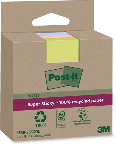 Post-it Super Sticky Notes Recycled, 70 feuilles, ft 76 x 76 mm, assorti, paquet de 3 blocs