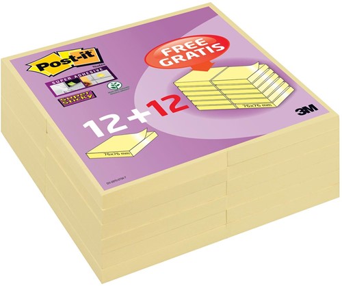 Post-it super Sticky notes, 90 feuilles, ft 76 x 76 mm, jaune, paquet de 12 + 12 gratuits