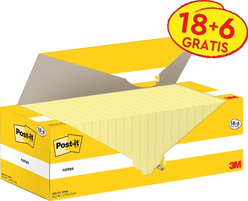 Post-it Notes, 100 feuilles, ft 76 x 76 mm, jaune canari (canary yellow), 18 blocs + 6 GRATUITS 24 Stuk