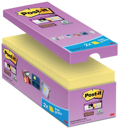 Post-it Super Sticky notes, 90 vel, ft 76 x 76 mm, geel, pak van 14 blokken + 2 gratis 16 Stuk