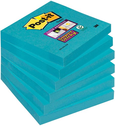 Post-it Super Sticky notes, 90 feuilles, ft 76 x 76 mm, paquet de 6 blocs, bleu (paradise blue) 90 Vel