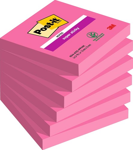 Post-it Super Sticky notes, 90 feuilles, ft 76 x 76 mm, paquet de 6 blocs, fuchsia (power pink) 90 Vel