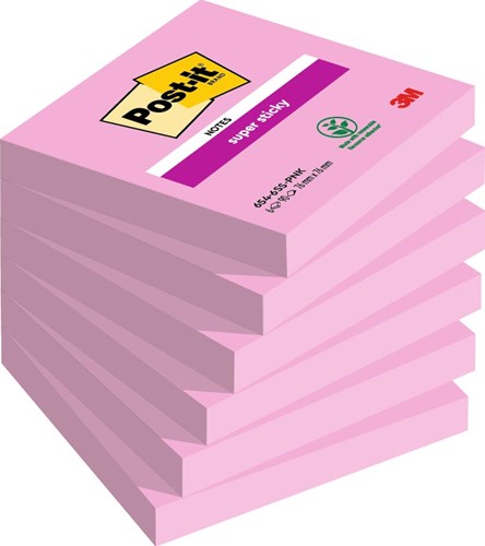 Post-it Super Sticky notes, 90 feuilles, ft 76 x 76 mm, paquet de 6 blocs, rose (tropical pink)